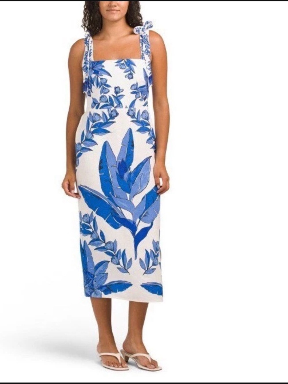 Calypso St. Barth Blue Linen Blend Tropical Tie-Shoulder Midi Dress - Size XS